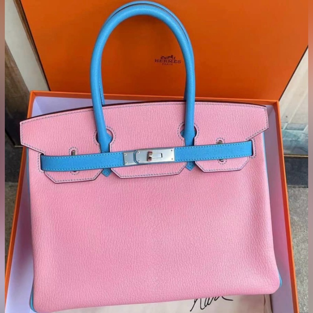 Birkin 30 Rose Confetti Bleu Azteque Chevre Bi-Color Horseshoe Bag
